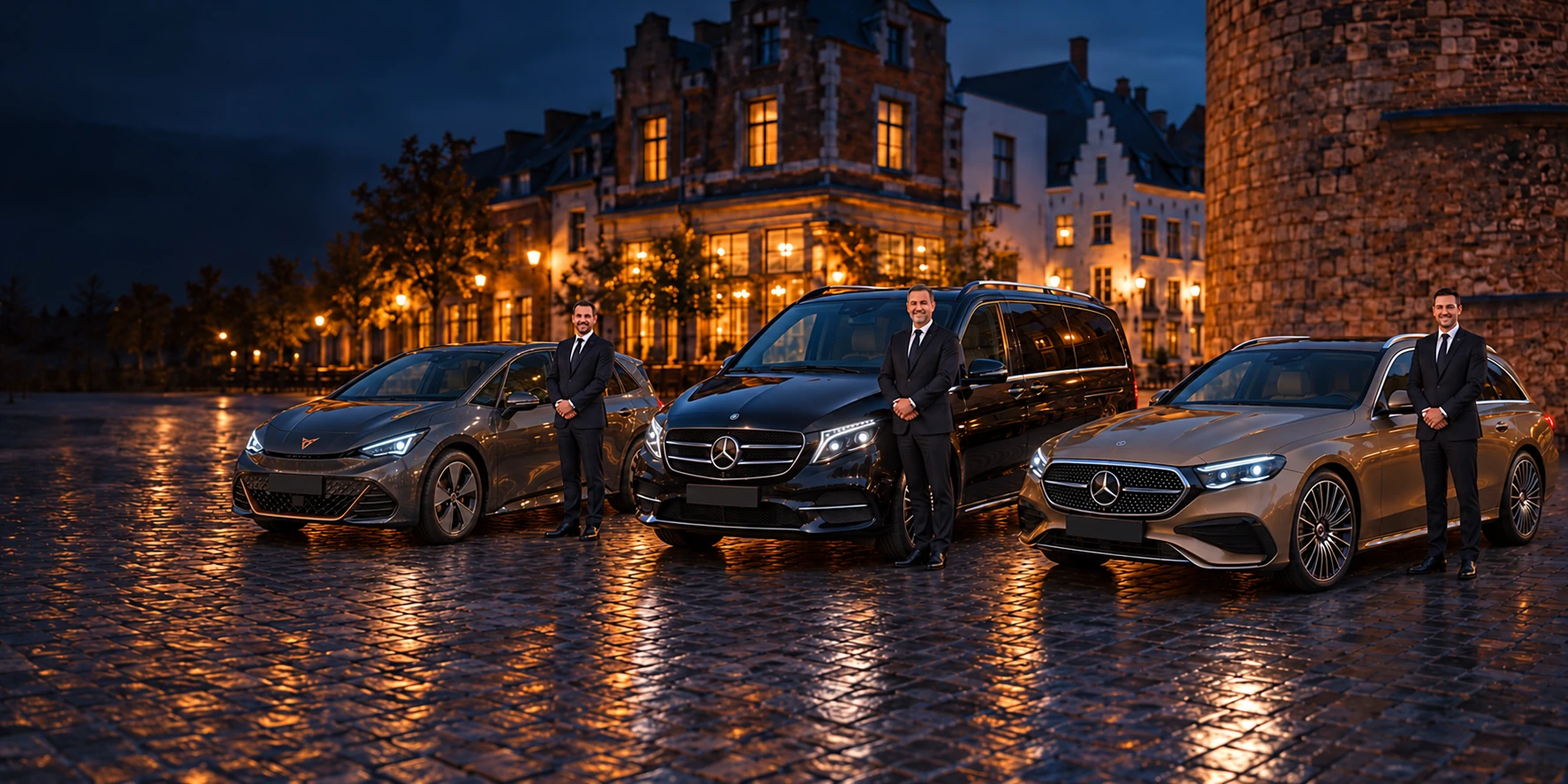 Trois chauffeurs Taxi Mood avec une Cupra Born à gauche, un VAN au centre et une Mercedes Classe E sur une place belge à la tombée du jour.